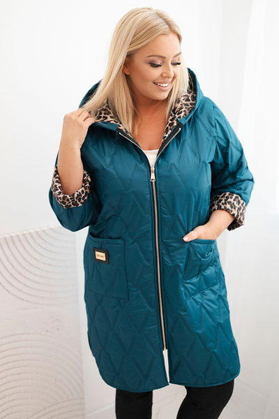 Dámska prešívaná bunda Plus Size s podšívkou v panterke a kapucňou morská
