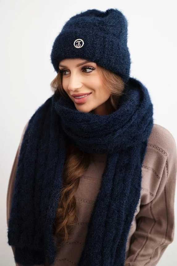 Damen Set Mütze und Schal mit Rippmuster und Dekoration blau