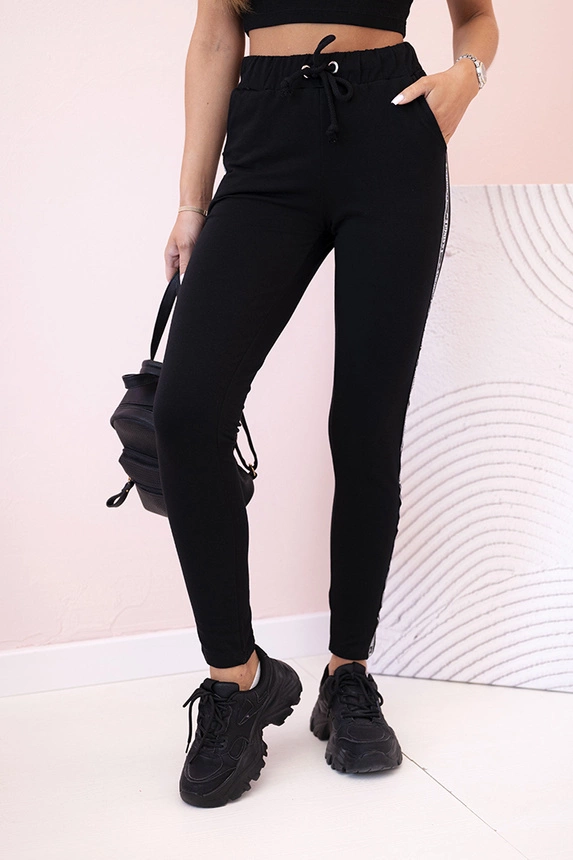 Damen-Jogginghose mit Streifen und Kordelzug in der Taille schwarz
