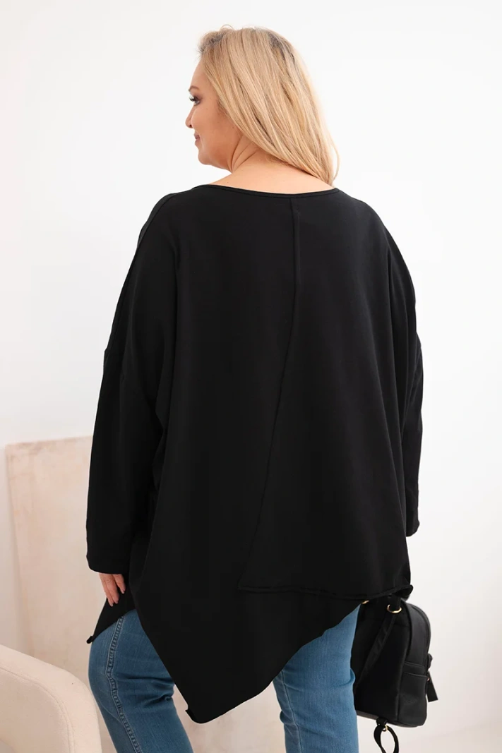 Bluzka damska bawełniana Plus Size z asymetrycznym dołem i dekoltem V czarna