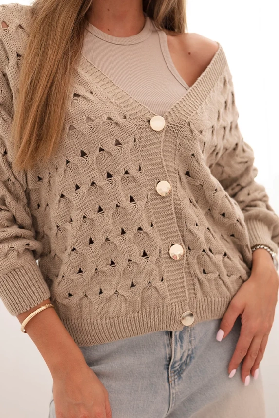 Women's openwork sweater with a V-neck and golden buttons dark beige