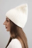 Women's winter hat with wool in a cat-style design made of ribbed knit K419 ecru