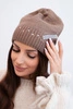 Women's winter wool hat with a decorative rhinestone strap K402 mocca