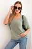 Women's sweater made of soft fluff with a V-neck and short sleeves dark mint