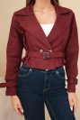 Women's short double-breasted viscose jacket with belt and lapels burgundy