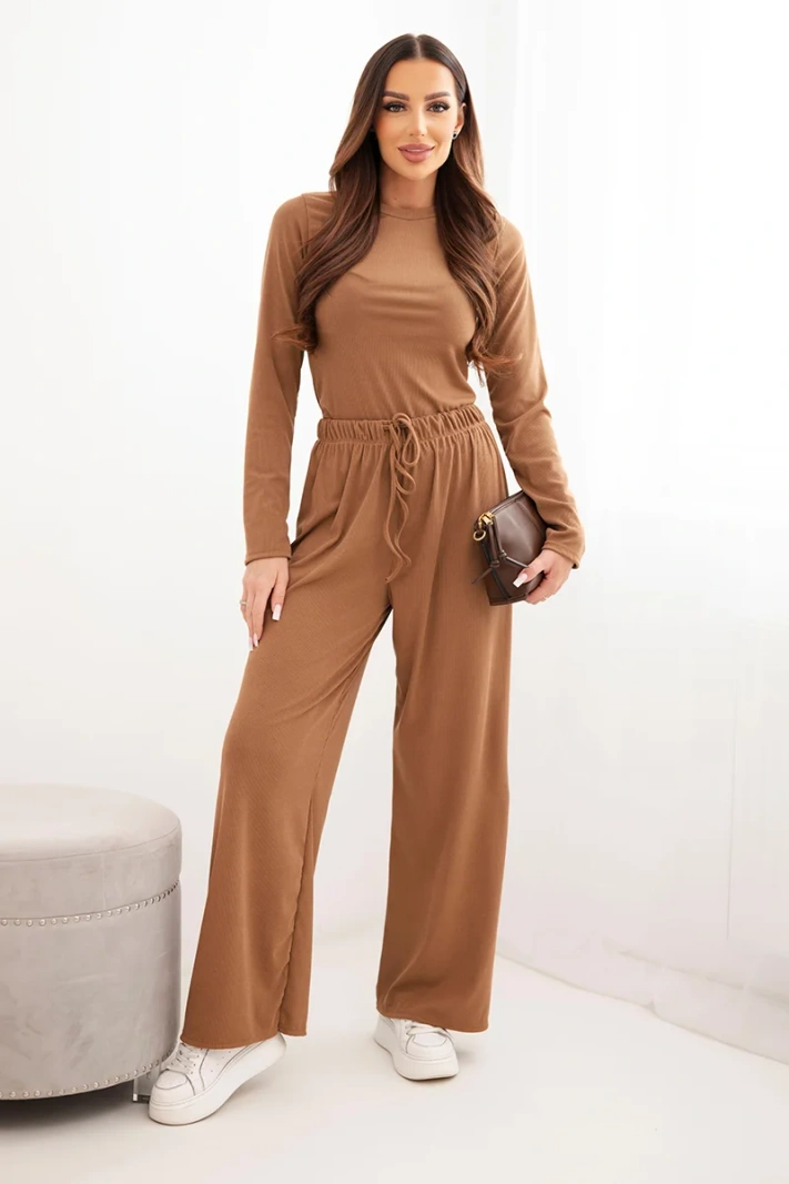 Women's viscose set with a blouse and wide trousers camel