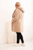 Plus Size women's coat made of faux sheepskin with a hood and pockets camel