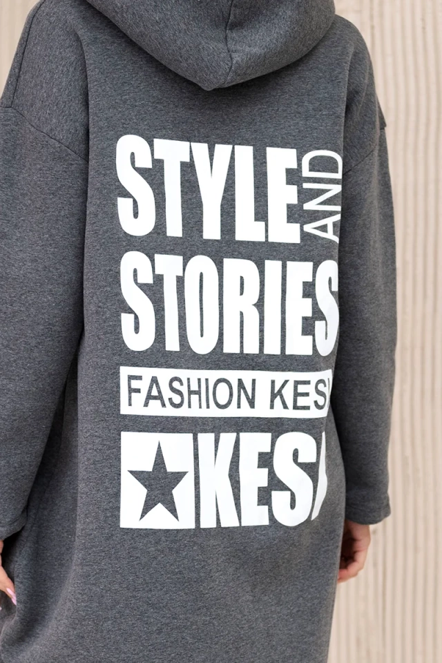 Bluza ocieplana z długim tyłem i kapturem grafitowa