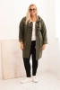 Plus Size women's coat made of faux shearling with a hood and pockets khaki