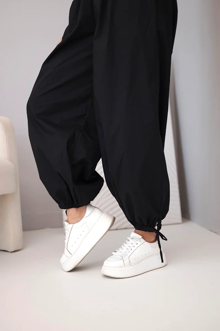 Damen-Baumwollhose mit Gummibund und Bindung unten schwarz
