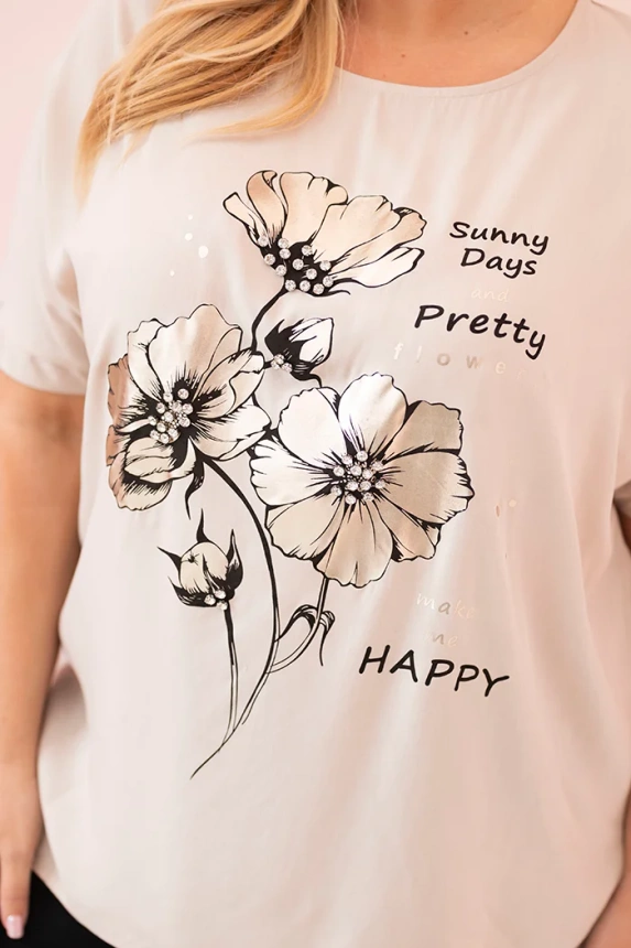 Plus Size women's blouse made of viscose with floral print and inscription beige