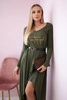 Dress with a decorative belt and an inscription khaki