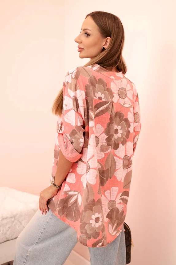 Women's cotton shirt with 3/4 roll-up sleeve with button and pocket raspberry