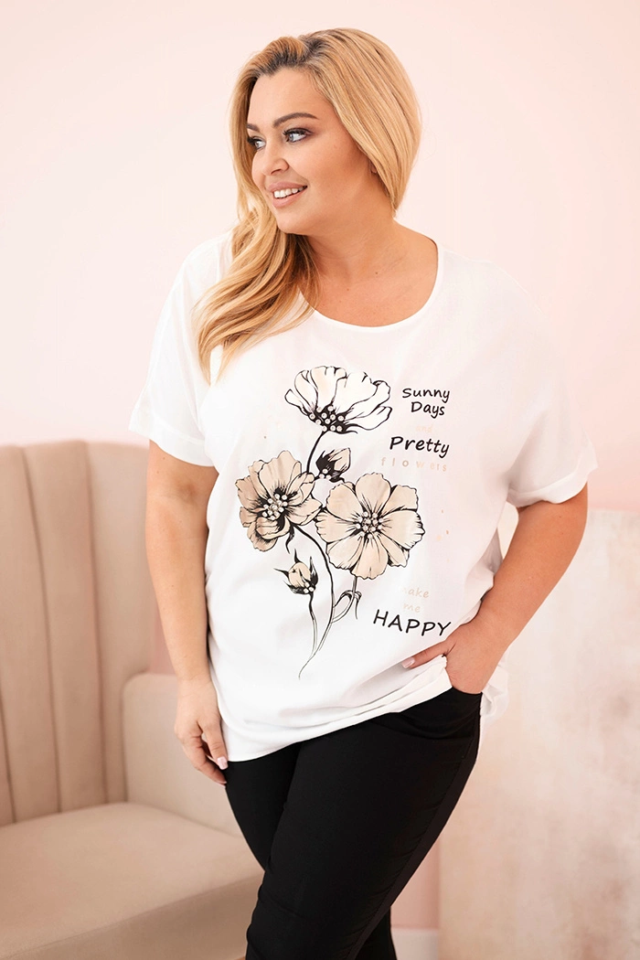 Bluzka damska Plus Size z wiskozy z kwiatowym nadrukiem i napisem ecru zdjęcie 1