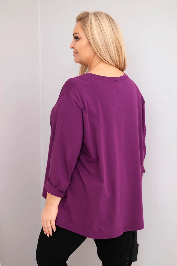 Dámská blůza plus size s bavlnou a dlouhým rukávem a nařasením tmavě fialová