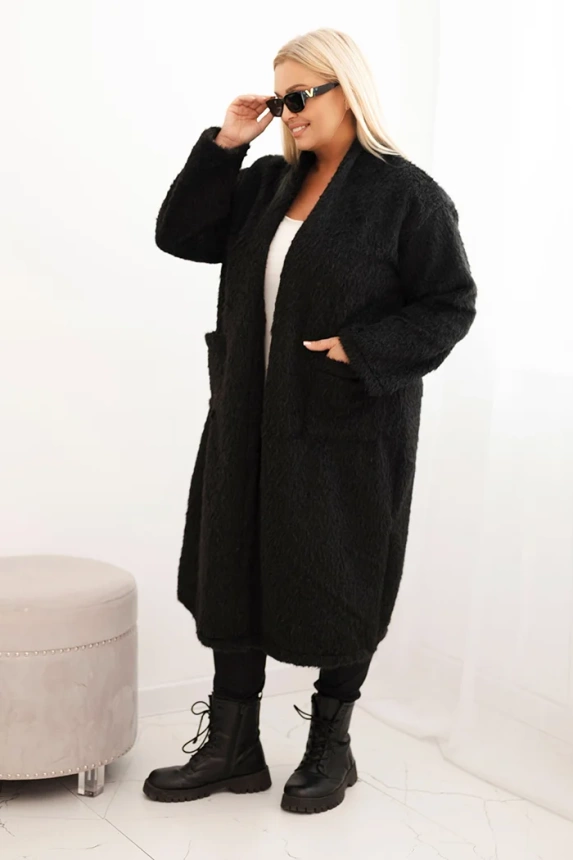 Plus Size women's coat made of viscose without fastening with pockets black