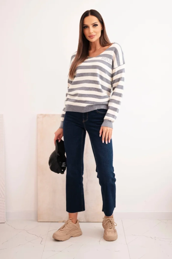 Women's striped sweater with a V-neck gray