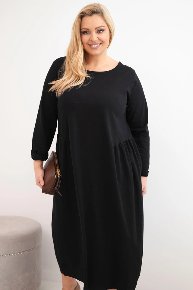 Plus Size women's cotton dress with long sleeves and ruching at the waist black
