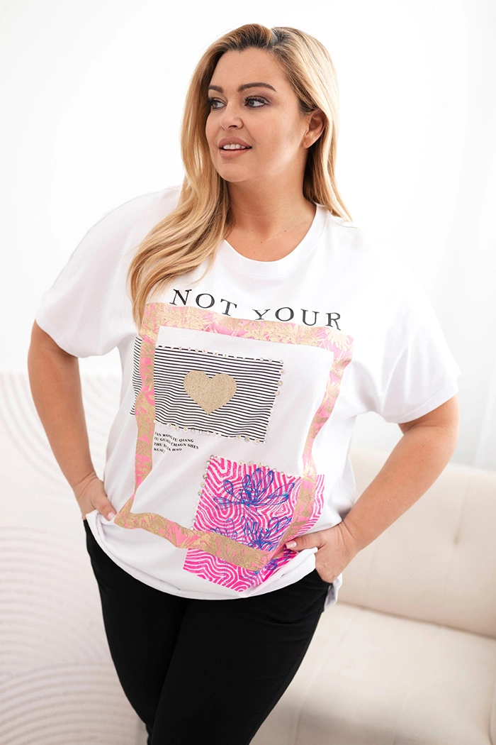 Bluzka damska bawełniana Plus Size ze złotym napisem biały + różowy zdjęcie 1