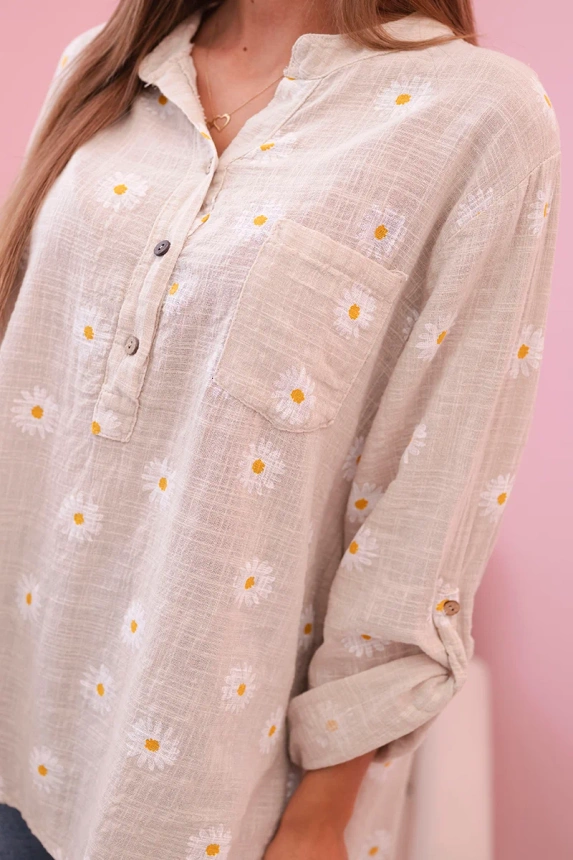 Linen Women's Blouse with Floral Pattern, Long Sleeves, and Buttons beige + white