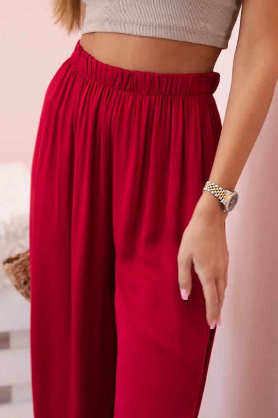 Women's wide viscose trousers with elastic waistband burgundy