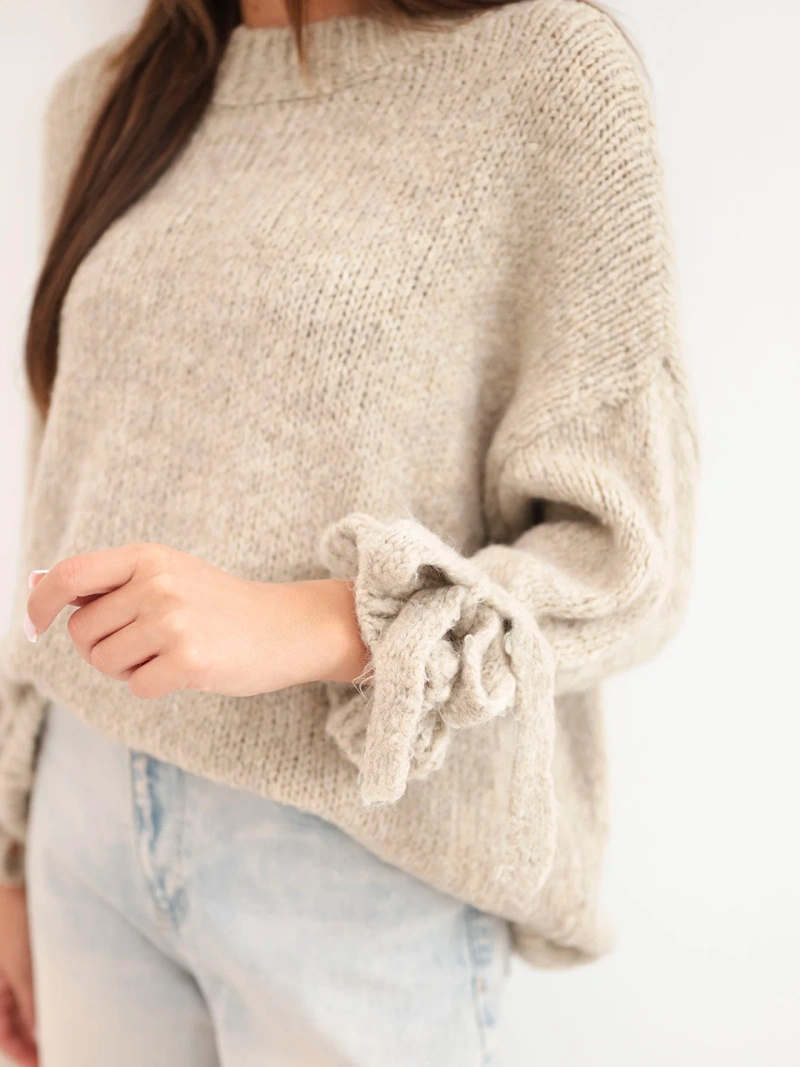 Women's oversized sweater with ties on the sleeves dark beige