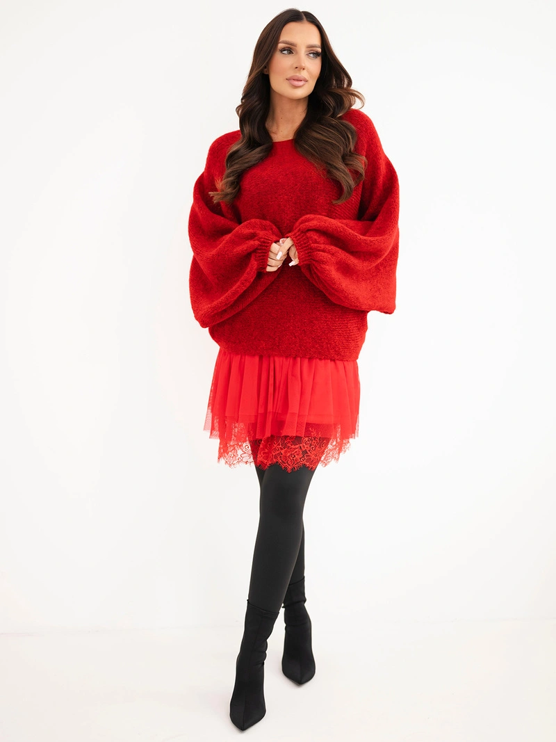 Damenpullover mit Kleid aus Viskose und Spitze rot