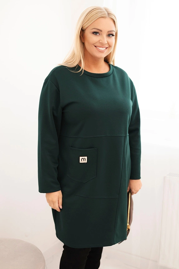 Moteriška suknelė Plus Size su kišene ir 3/4 rankovėmis tamsiai žalia