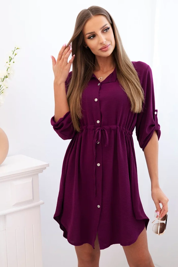 Dress with button closure and tie at the waist plum