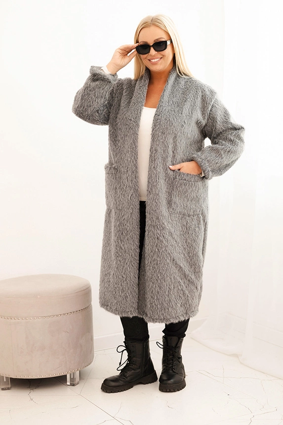 Moteriškas paltas Plus Size iš viskozės be užsegimo su kišenėmis pilkas