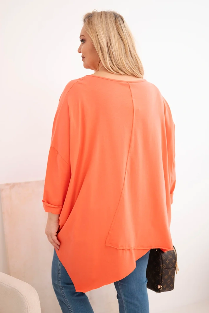 Women's cotton Plus Size blouse with an asymmetrical bottom and a V-neck apricot