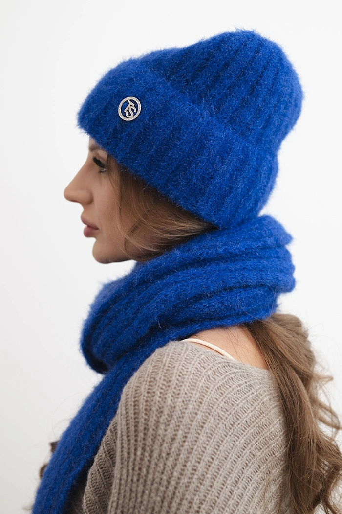 Women's set hat and long scarf made of soft yarn cornflower blue