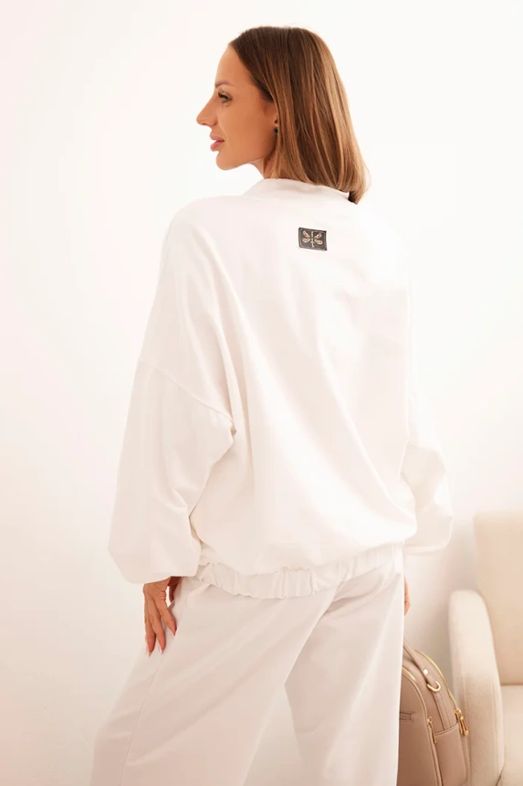 Women's cotton set with wide leg pants and zip-up hoodie ecru