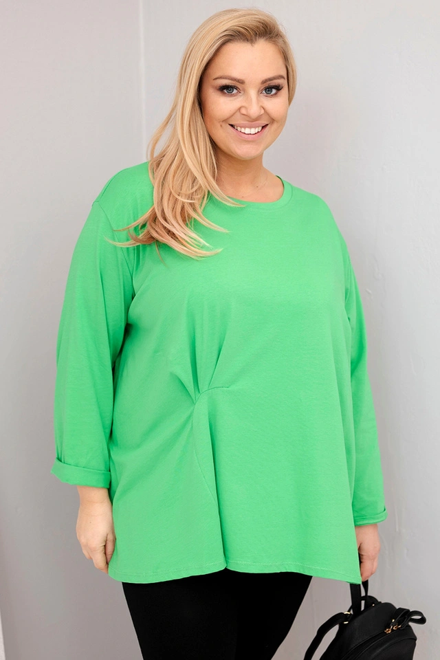 Dámská blůza plus size s bavlnou a dlouhým rukávem a nařasením světle zelená