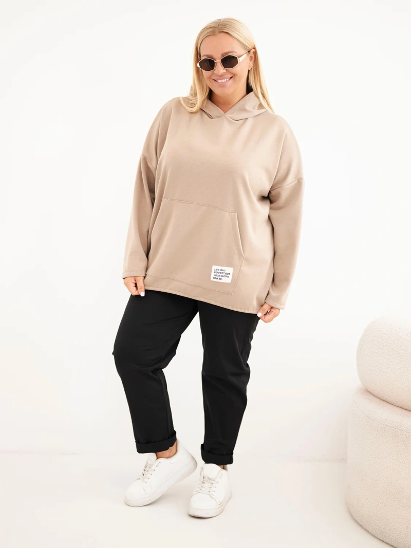 Plus Size women's viscose hoodie with kangaroo pocket camel