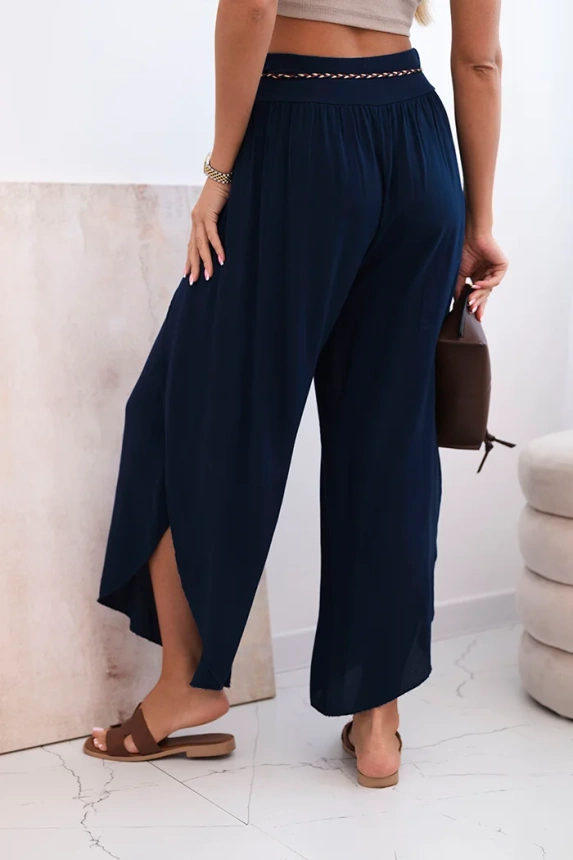 Women's viscose trousers with leg slit navy blue