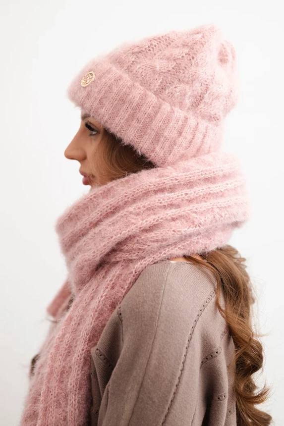 Women's set hat and scarf ribbed with decoration dark powder pink