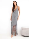Damen-Maxi-Kleid aus Viskose mit Spitze und V-Ausschnitt grafitowy