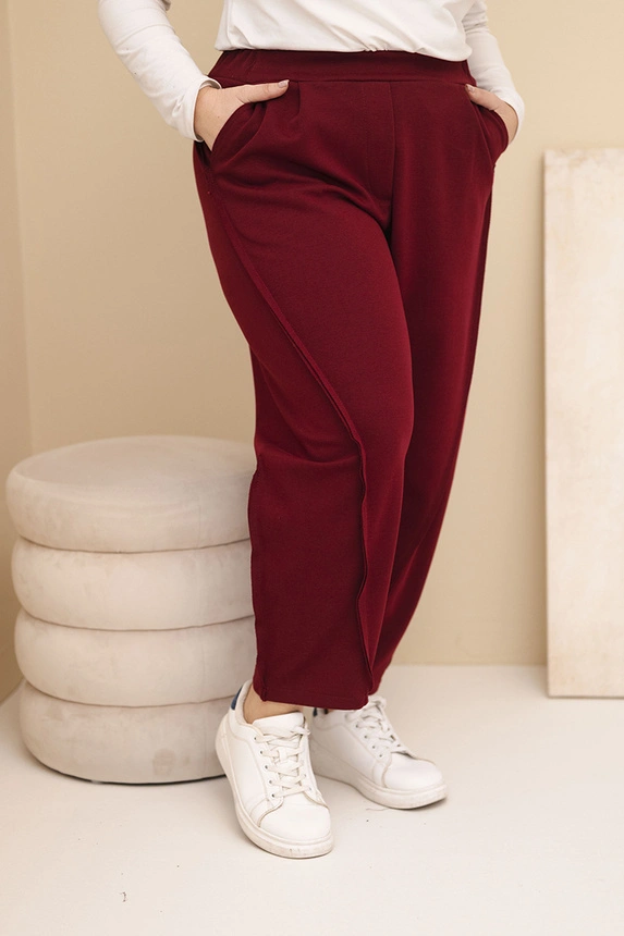 Plus Size loose-fit women's cotton pants high-waisted burgundy
