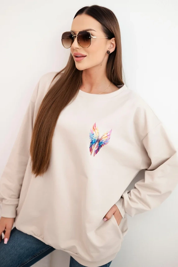 Women's oversized cotton sweatshirt with colorful wings on the back beige