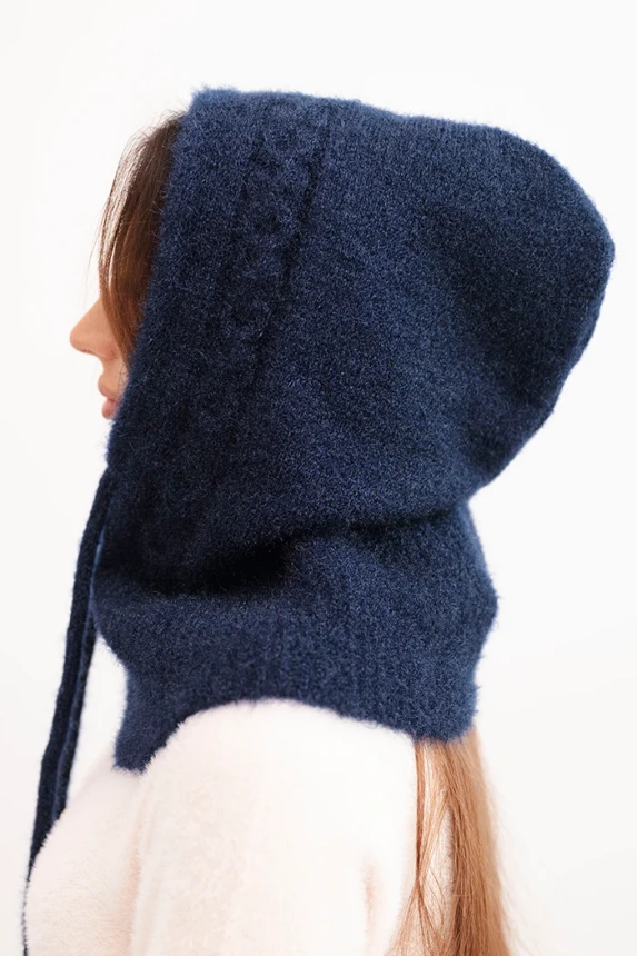 Women's hooded cap with tie and braid weave navy blue