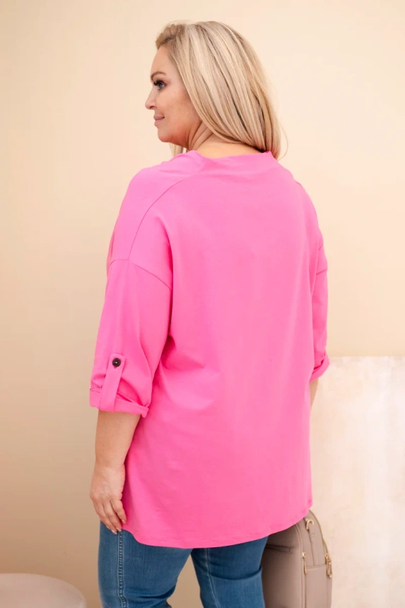 Bluzka damska Plus Size z bawełną o luźnym kroju z dekoltem wodnym jasno różowa