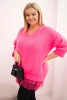 Damen Komplettset mit V-Ausschnitt Pullover und Viskosebluse mit Spitzenboden neonrosa