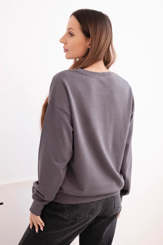 Basic women's cotton looped sweatshirt with a round neckline graphite