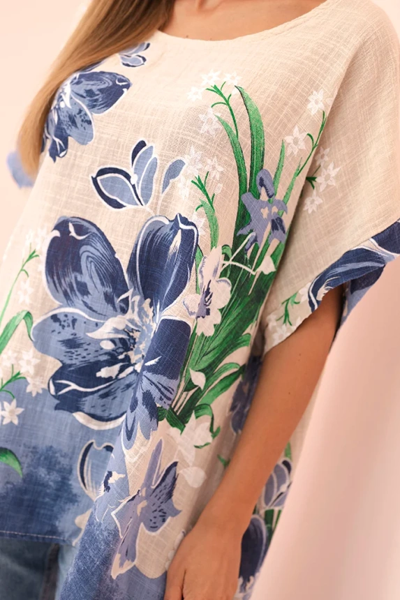 Women's cotton blouse with floral print and short sleeves beige