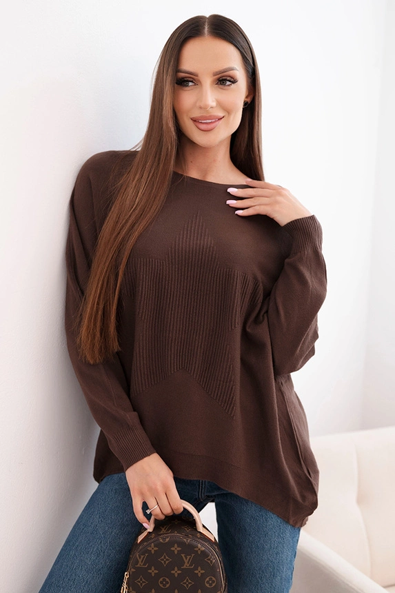 Women's sweater with a longer back and embossed star brown