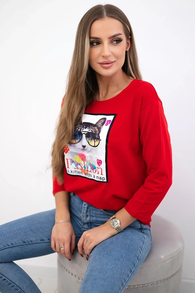 Bluzka z grafiką kota 3D czerwona