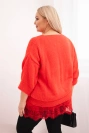 Women's set V-neck sweater and viscose blouse with lace bottom red