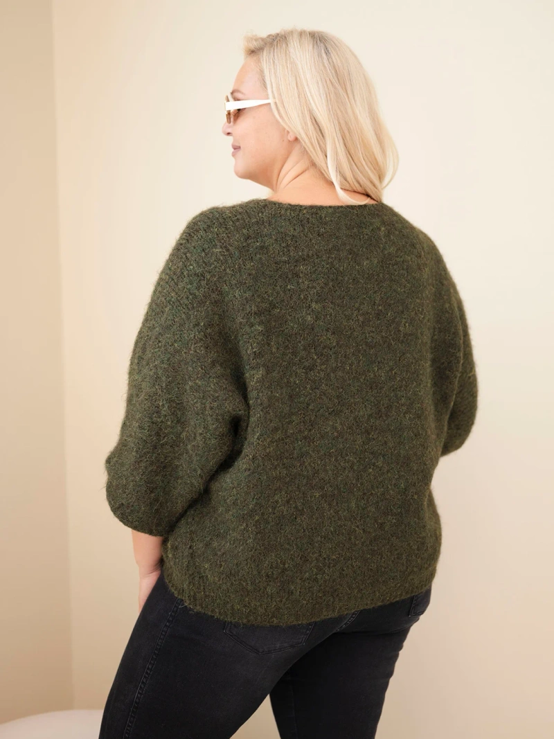 Damenpullover Plus Size mit V-Ausschnitt und weitem Ärmel khaki