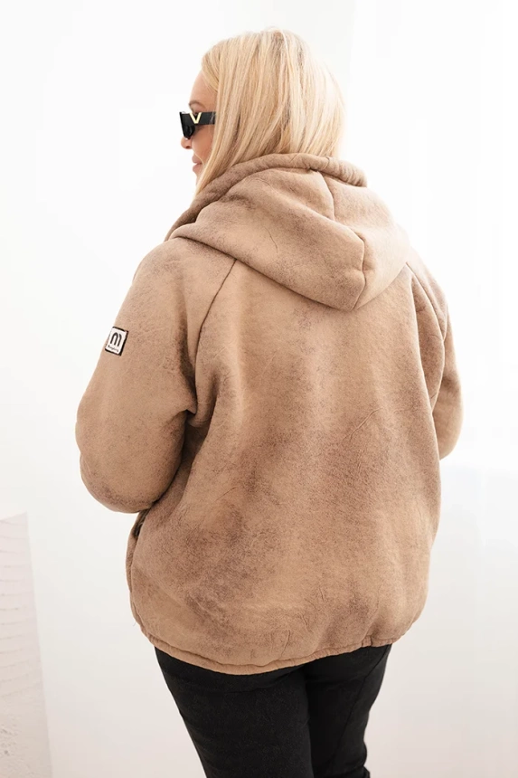 Dámska bunda Plus Size s kapucňou a barancom camelová